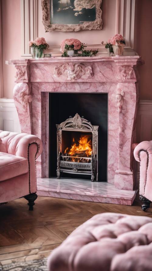 Camino vintage in marmo rosa in un soggiorno in stile vittoriano con un fuoco scoppiettante.