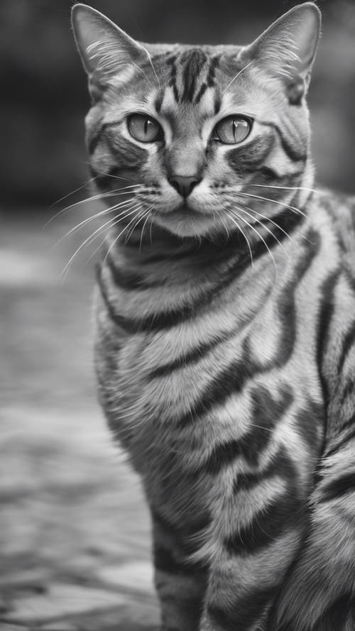 Karmaşık kürk desenlerine sahip gri bir Bengal kedisinin tek renkli görüntüsü.