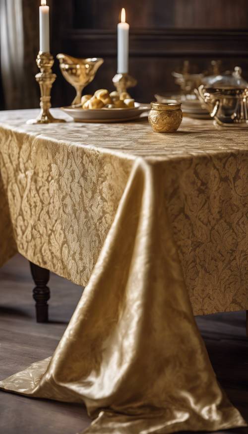 A sleek gold damask tablecloth draped over an antique dining table.