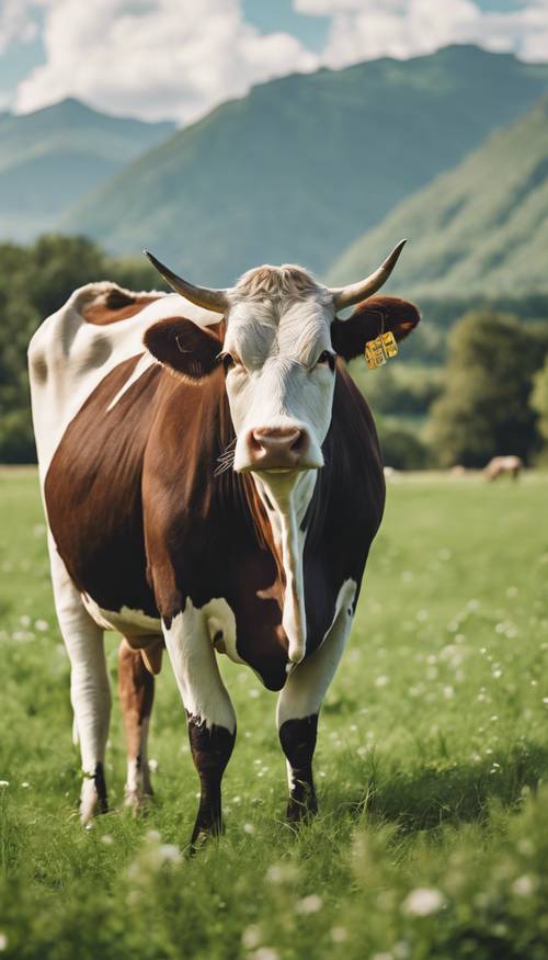 Seekor sapi anggun dengan gaya berpakaian rapi, berdiri di padang rumput hijau subur