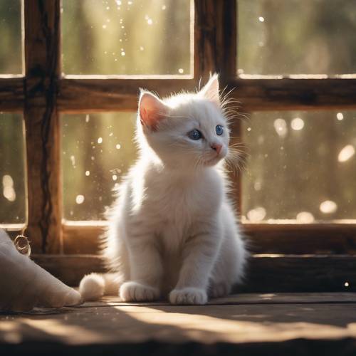 Un joven gatito blanco fascinado por un rayo de sol que entra por una ventana de madera en una cabaña rústica.