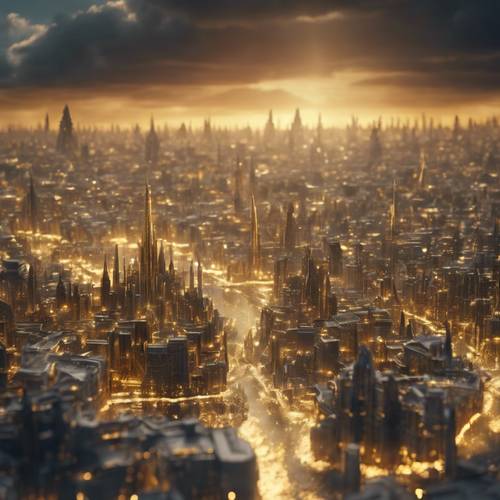 Eine mythische goldene Skyline von Asgard: eine glänzende Stadt der Götter, die im Himmel schwebt.