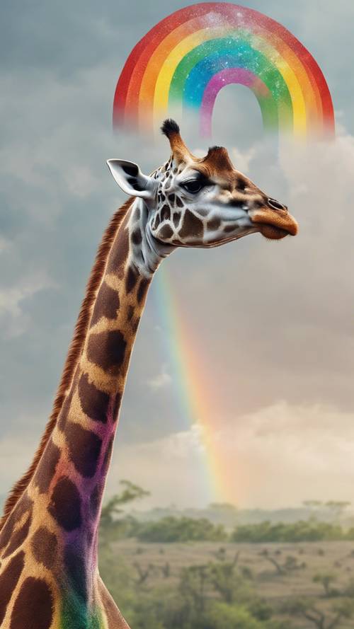 An imaginative picture of a giraffe with a rainbow-colored neck.