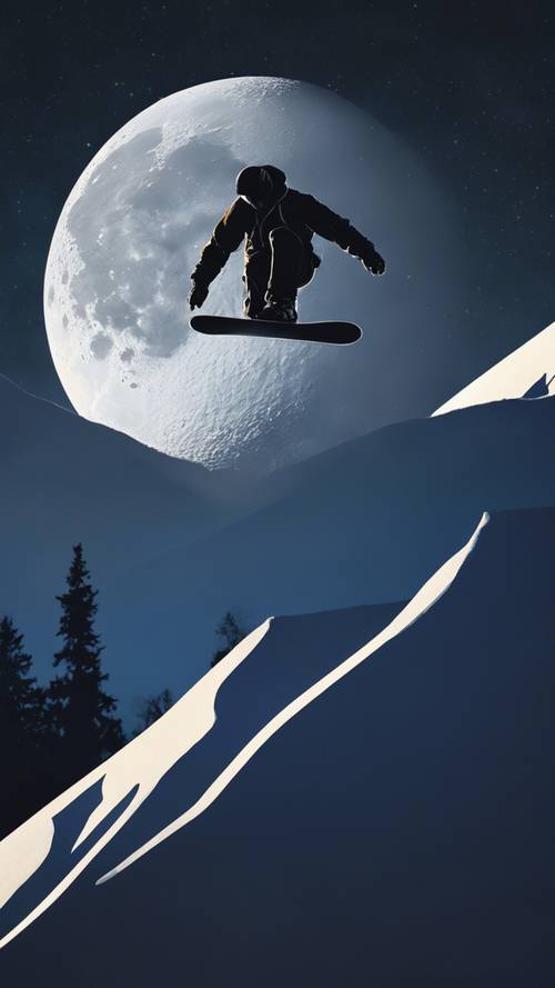 A silhueta de um snowboarder contra uma noite de luar, saltando de uma colina íngreme.