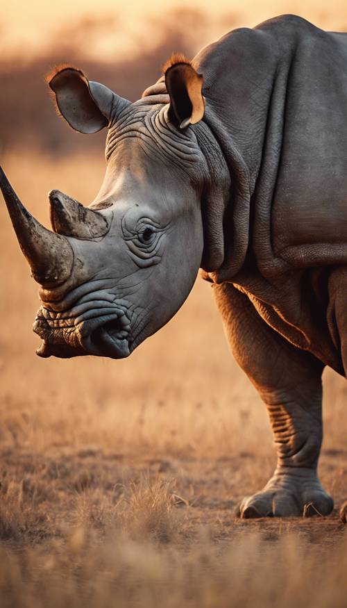 A beautiful rhino standing in the middle of the savanna during sunset.