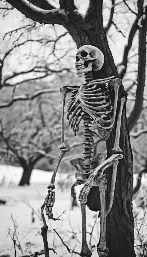Croquis monochrome d&#39;un squelette appuyé contre un arbre fané en hiver.