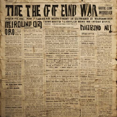 Stary, pożółkły kawałek papieru gazetowego z dużym, odważnym nagłówkiem ogłaszającym koniec wojny, wystawiony w muzeum historycznym.