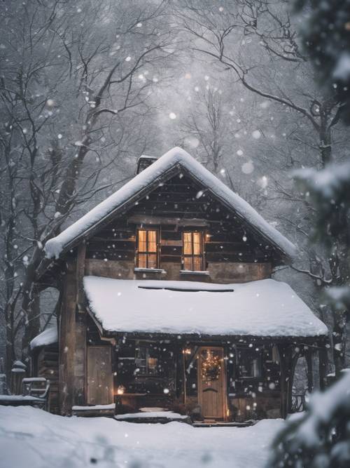 The tranquil setting of a rustic cottage in a snowfall, the quote 'When you find peace within yourself, you become the kind of person who can live at peace with others.' shimmering in the falling snowflakes. Tapeta [21da2b48223141eea878]