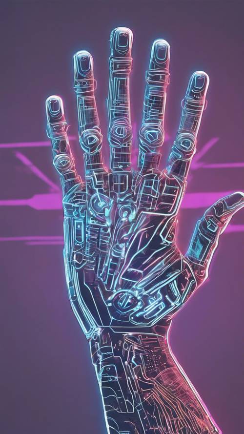Cybernetyczny tatuaż na dłoni świecący na biało na tle ciemno oświetlonego białego neonowego cyberbaru