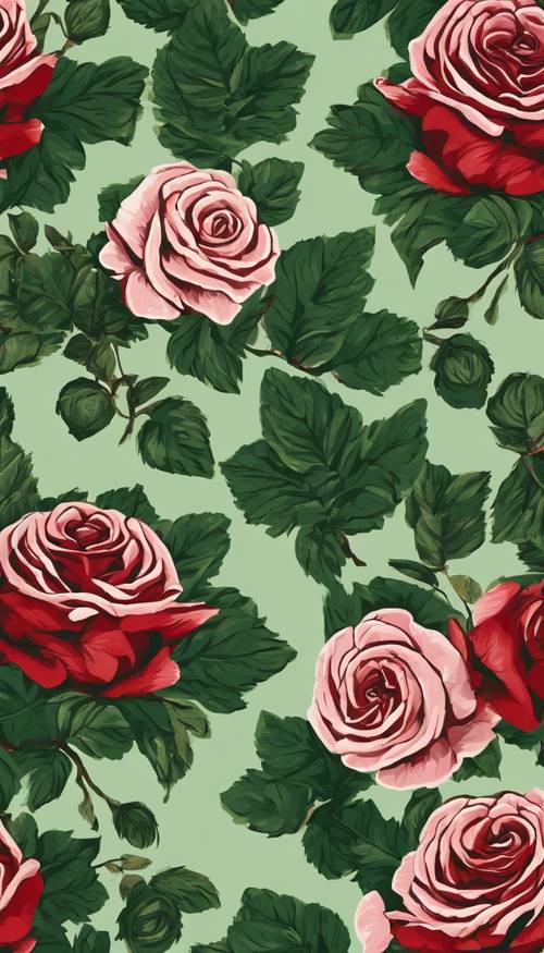 Cetakan damask tebal dengan mawar merah matang dan daun hijau.