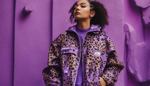Jaket longgar bergaya jalanan yang dihiasi bintik-bintik cheetah ungu.