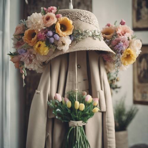 Um gorro de Páscoa floral vintage pendurado em um cabideiro ao lado de um buquê florido.