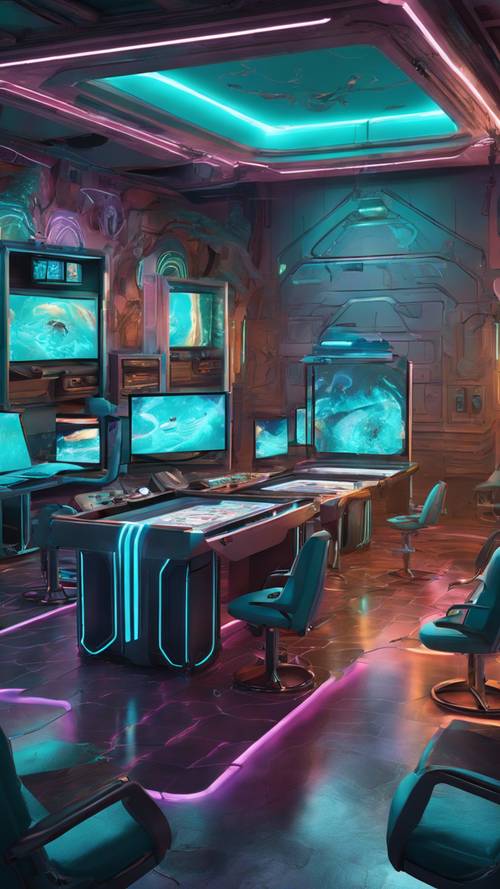 Ein surreales Bild eines türkisfarbenen Hightech-Spielzimmers mit RGB-Licht, das von den futuristischen Möbeln reflektiert wird. Mehrere Breitbild-Gaming-Monitore mit türkisfarbener Hintergrundbeleuchtung sind ausgelegt.
