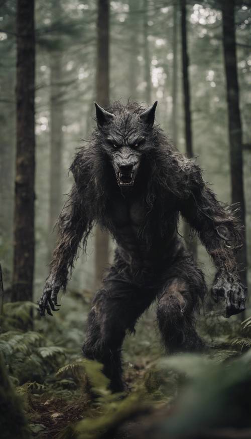 Manusia serigala yang bertransformasi di tengah hutan lebat dan menakutkan.