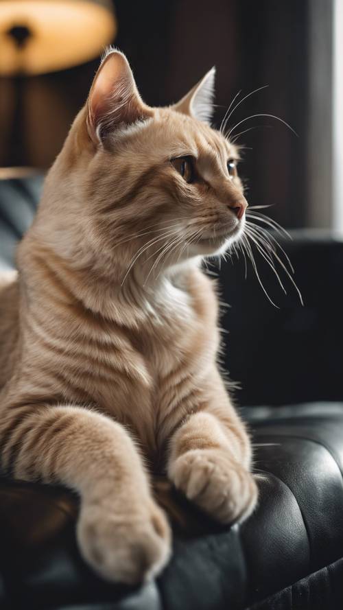 A calm beige cat sitting on a black leather couch.