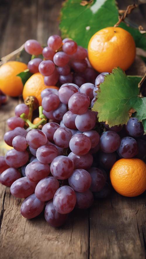 A close-up of grapes and oranges on a rustic wooden table.