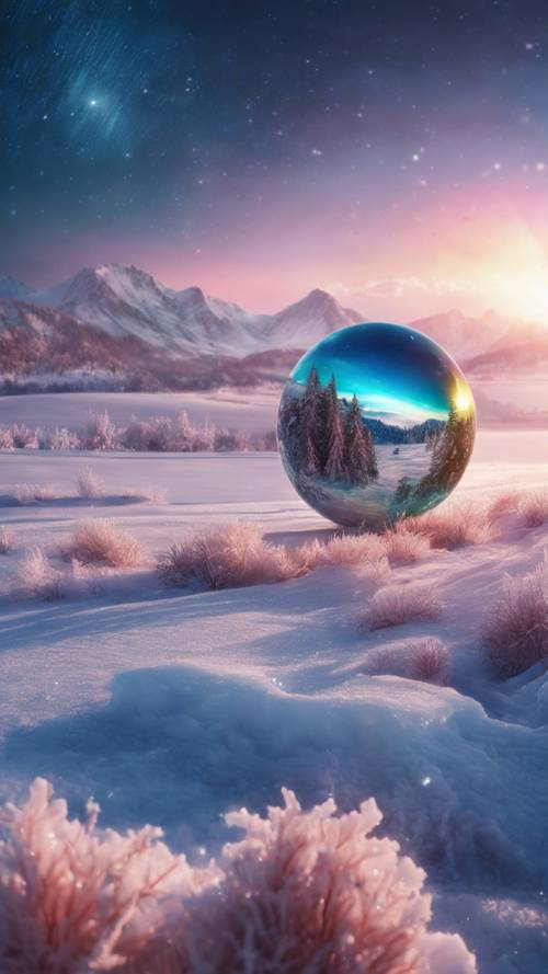 Kryształowo śnieżna zimowa planeta, z zorzami malującymi spektakl kolorów na lodowatym krajobrazie.