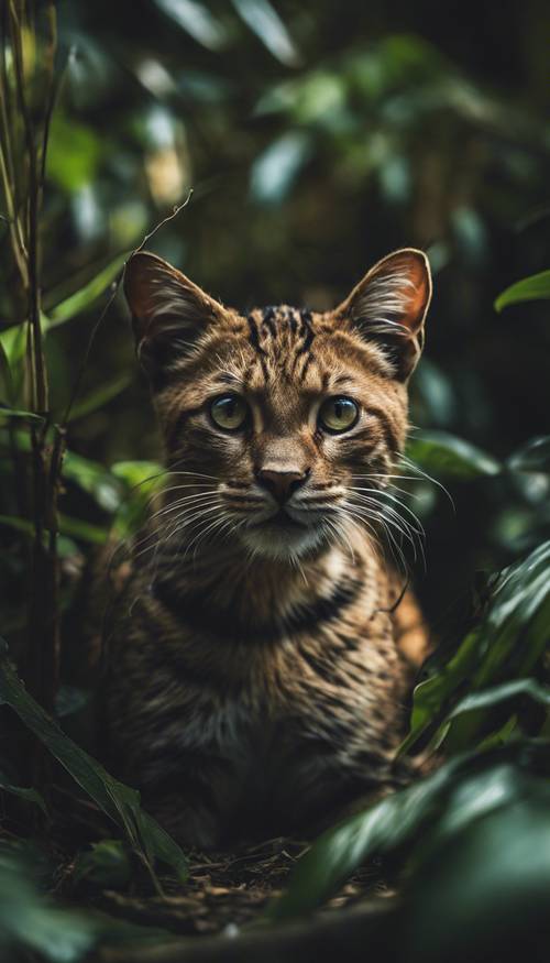 Szczegółowy obraz kota z dżungli powoli wyłaniającego się z zarośli, z oczami świecącymi jasno w ciemności.