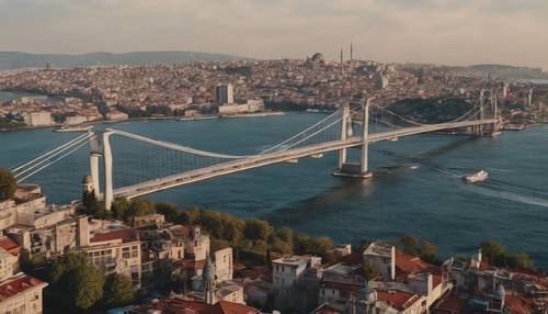 İstanbul&#39;un Boğaz Köprüsü ve şehrin silüetini yansıtan muhteşem hava fotoğrafı.