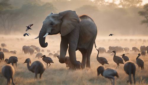 An elephant calf's joyous interaction with a flock of curious birds on a misty morning in the savannah.