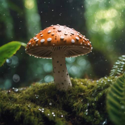 Zbliżenie na uroczego grzyba z olśniewającymi kropkami na czapce, osłoniętego pod bujnym baldachimem tropikalnego lasu deszczowego.