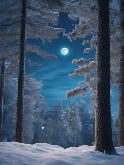 Пронзительная голубая луна освещает морозный сосновый лес в канун морозной зимы.