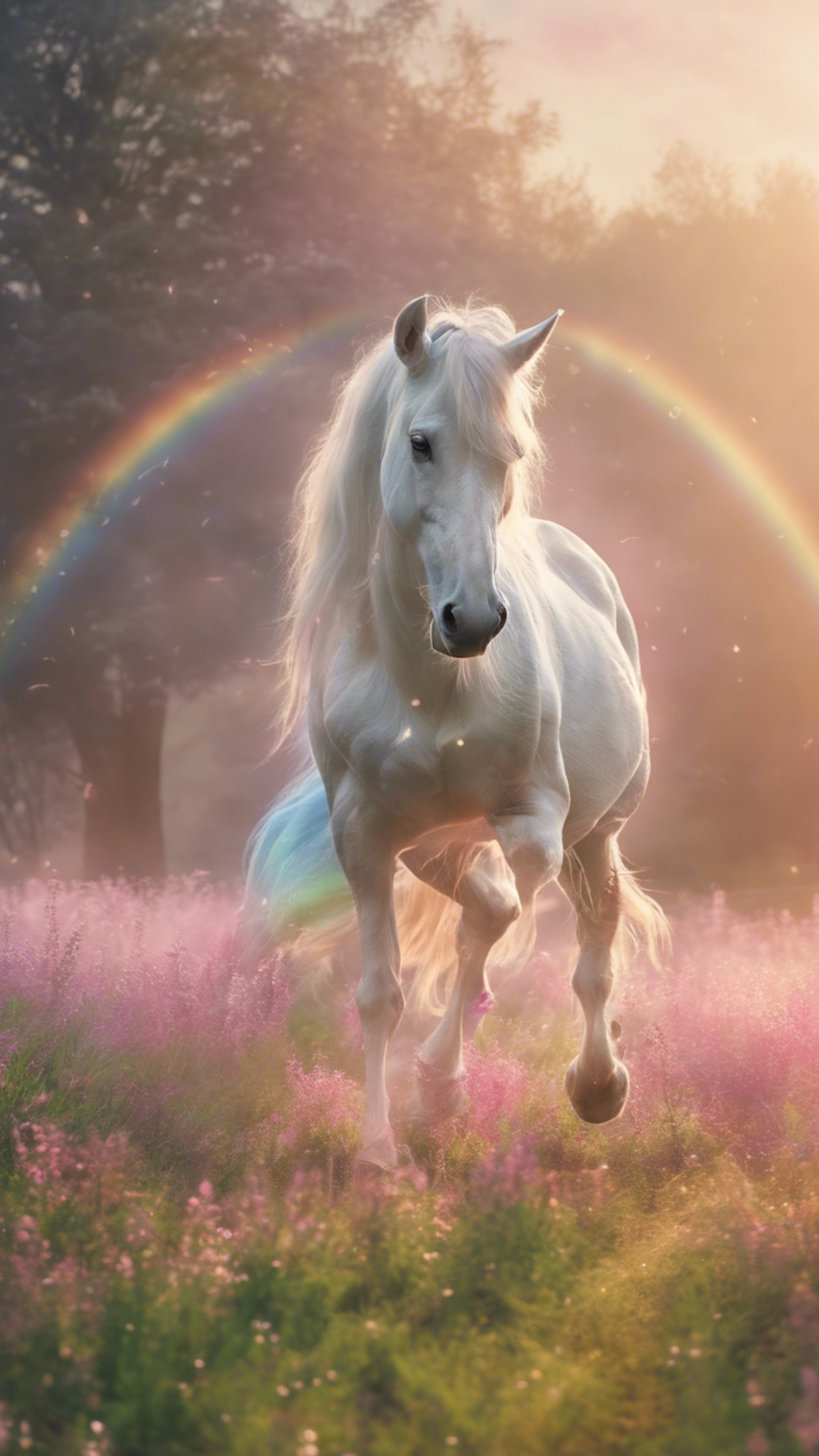 An enchanting unicorn prancing under a pastel rainbow in a verdant meadow during dawn. Wallpaper[3be206290ea649bdbe40]