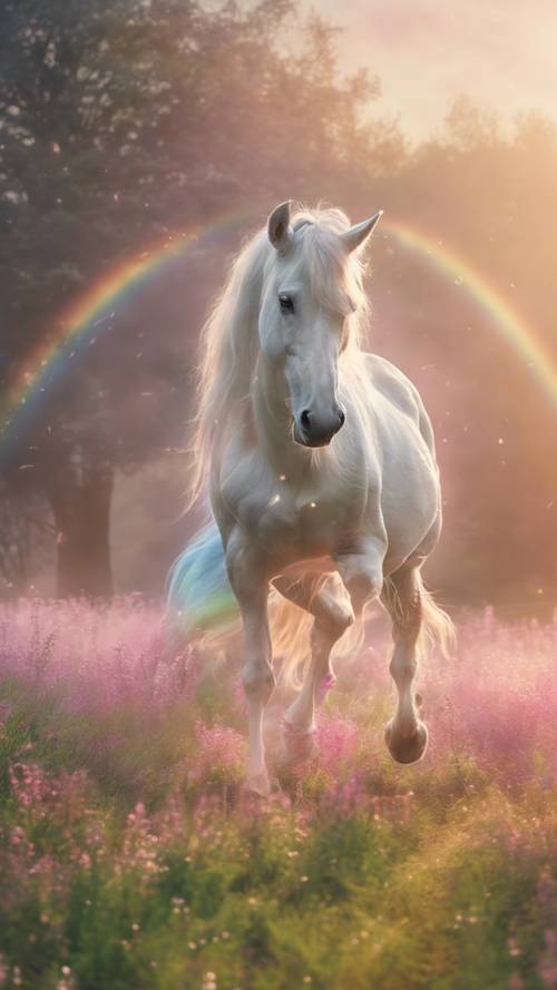 Une licorne enchanteresse caracolant sous un arc-en-ciel pastel dans une prairie verdoyante à l’aube.