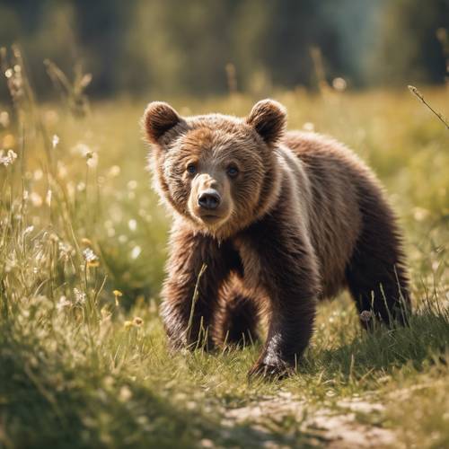 A baby brown bear playing in a sunny meadow