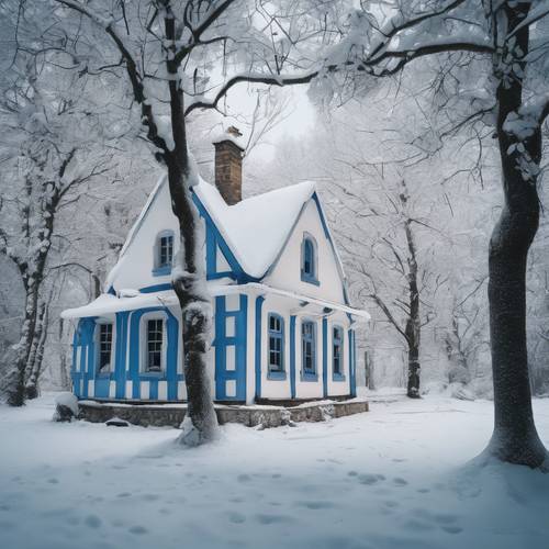 Rustykalny biały domek z niebieskimi ramami okiennymi, położony pośród gęstych opadów śniegu.