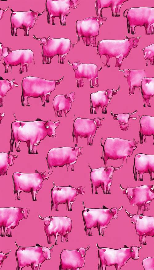Dibujado a mano, patrón sin costuras de estampados de vacas de color rosa intenso.