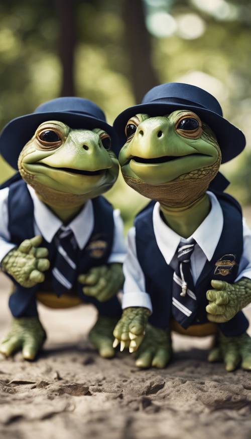Опрятные черепахи, образующие клуб мальчиков, одетые в соответствующую школьную форму.