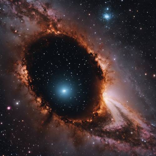 Sebuah lubang hitam memakan sudut galaksi hitam yang megah, dikelilingi oleh bintang dan nebula yang terdistorsi.
