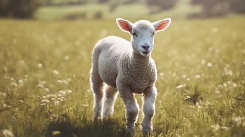 Un agneau gambadant dans une prairie ensoleillée, rendu dans un style minimaliste et réconfortant.