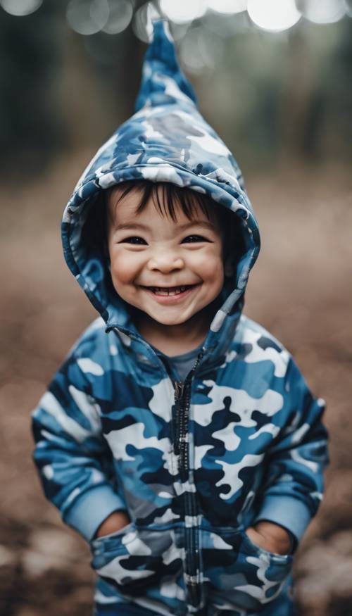 Uma criança pequena vestindo um lindo macacão camuflado azul sorrindo amplamente.