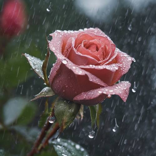 Un joli bouton de rose retenant les gouttes de pluie après une averse printanière.