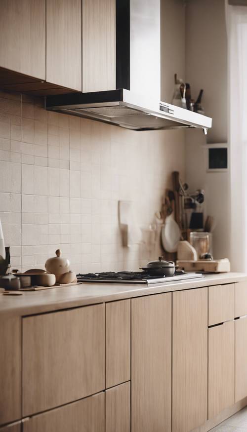 Uma imagem de uma cozinha japonesa minimalista com linhas simples e temas de madeira clara.