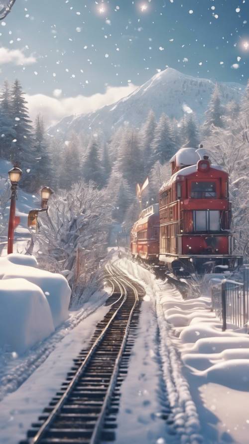 Un paesaggio invernale in stile anime con un treno che sfreccia lungo un percorso innevato con decorazioni natalizie lungo il percorso.