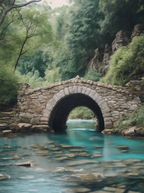 Um tranquilo rio azul pastel fluindo sob uma ponte de pedra arqueada.
