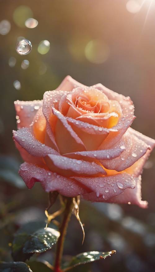 A cute rose with dew drops on its petals, sparkling in the early morning sun.
