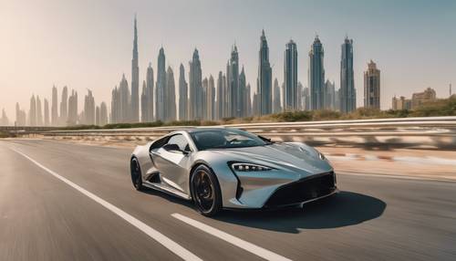 A luxury sports car racing along the highway with the Dubai skyline in the backdrop.