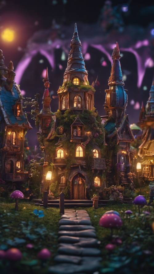 Деревня садовых гномов, украшенная готической архитектурой, сияющая под неоновым ночным небом.