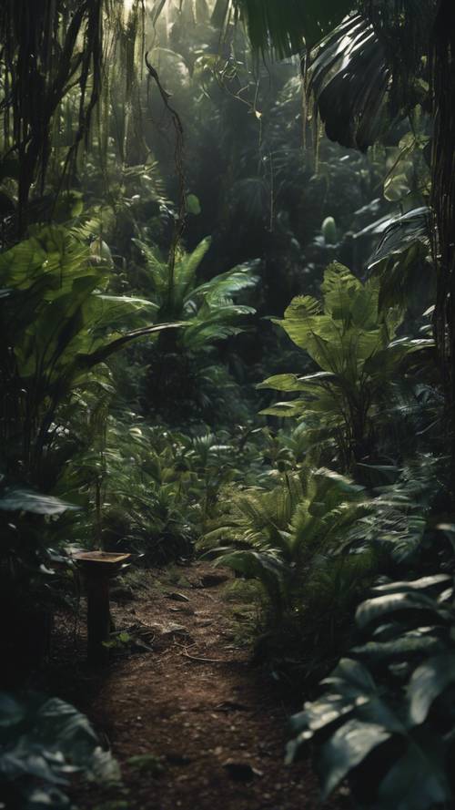 A dense rainforest teeming with exotic plants and hidden treasures bathed in moonlight. Tapet [8303925ead194cd0bc22]