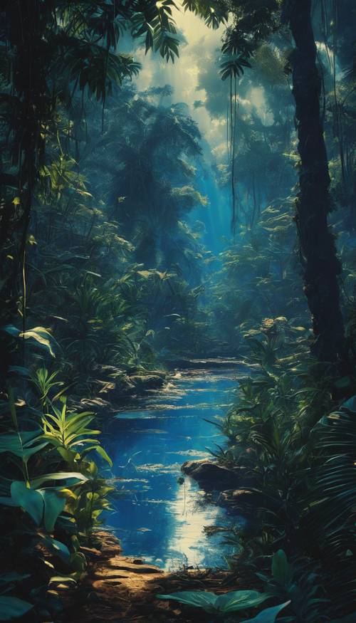 Uma pintura vívida de uma selva profunda em tons de azul ao amanhecer, permitindo que o cenário emerja da escuridão.
