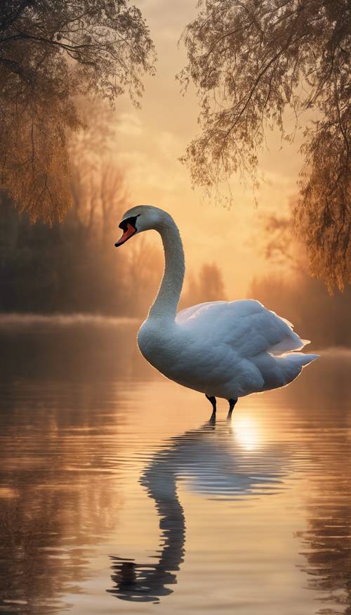 Величественный белый лебедь безмятежно скользит по спокойному озеру на закате.