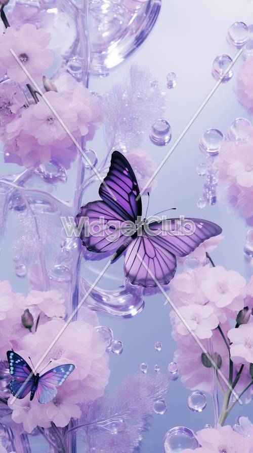 Arte de fantasía de flores y mariposas moradas