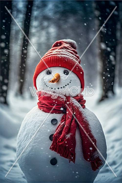 איש שלג מחייך עם כובע אדום וצעיף בשלג