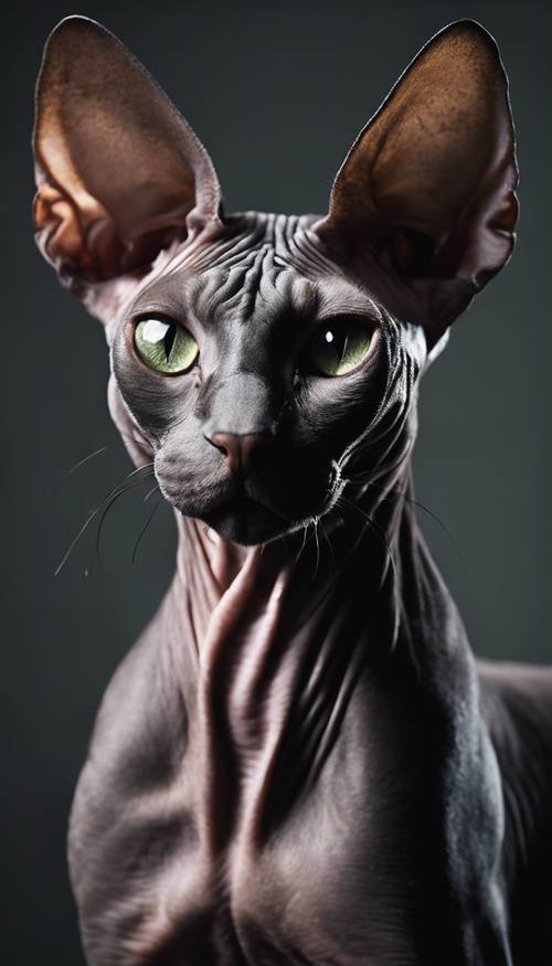 Retrato de um gato sphynx preto contra um fundo escuro.