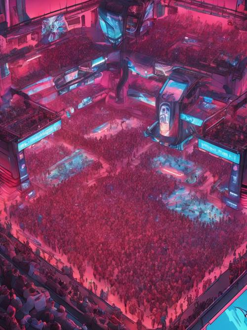 Вид с воздуха на крупное организованное киберспортивное мероприятие, на котором присутствуют игроки в красных и синих футболках.