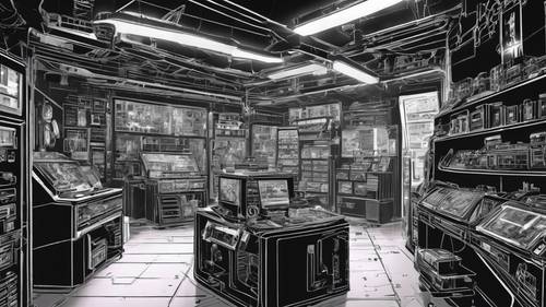 Imagen en blanco y negro de una tienda de aumentos cibernéticos con luces de neón.